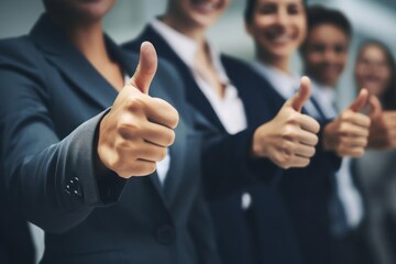 Hands showing thumbs up. Closeup of corporate professionals hand gesturing in the positive or affirmative. - obrazy, fototapety, plakaty