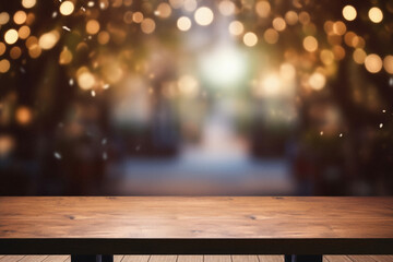 Wooden table bokeh city view background, empty wood desk tabletop counter surface product display mockup with blurry cityscape lights abstract backdrop presentation. Mock up, copy space . - obrazy, fototapety, plakaty
