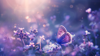 Purple butterfly on wild white violet flowers in grass in rays of sunlight, macro. Spring summer fresh artistic image of beauty morning nature. Generative Ai - obrazy, fototapety, plakaty