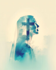 Double exposure image of our lady of grace, Mary and Christian cross