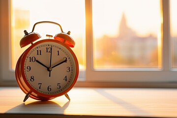 Retro alarm clock on windowsill at sunrise with city in background