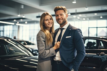 Elegant couple at a car dealership looking at luxury cars