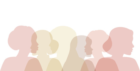 Women of different ethnicities together. Silhouettes of Women, side view. Concept of Feminism, Fight for Rights, Mother's Day, International Women's Day. Flat vector illustration