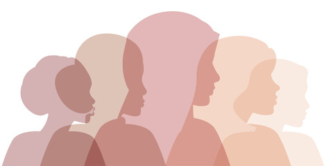 Group of multiethnic diversity women and girls face silhouette profile. Women of different ethnicities together. Portraits of different women in profile. Horizontal format. - obrazy, fototapety, plakaty