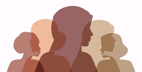 Silhouettes women of different nationalities. International Women's Day banner. Women of different ethnicities stand side by side together. Vector isolated illustration