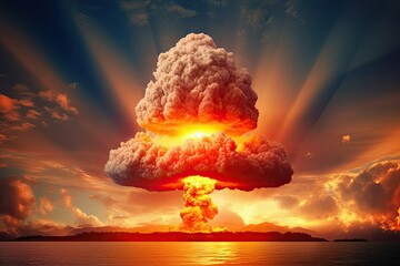 Majestic mushroom cloud from explosion over sea at sunset - obrazy, fototapety, plakaty