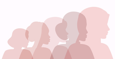 Silhouettes of Women of different Nationalities. Concept of Feminism, Struggle for Rights, Equality, International Women's Day, Mother's Day. Vector illustration in flat style
