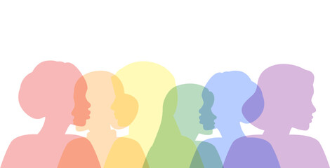 Multiethnic Women Silhouettes. Female faces of diverse cultures in propfile in different colors of the rainbow. Vector illustration with isolated Homosexuals