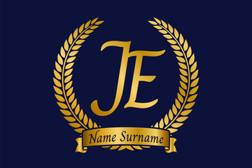 Initial letter J and E, JE monogram logo design with laurel wreath. Luxury golden calligraphy font. - 769554044
