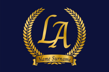 Initial letter L and A, LA monogram logo design with laurel wreath. Luxury golden calligraphy font. - 769554062