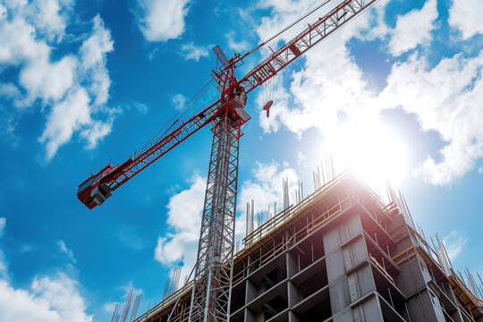 Large construction site with busy tower cranes at high-rise building with aerial top view Generative AI