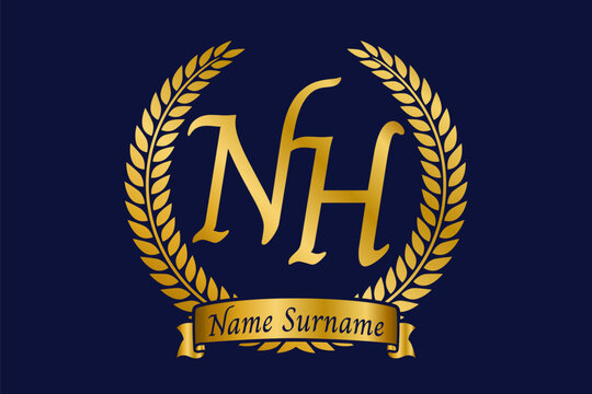 Initial letter N and H, NH monogram logo design with laurel wreath. Luxury golden calligraphy font.