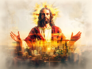 Double exposure image of Jesus Christ and skyscrapers - obrazy, fototapety, plakaty