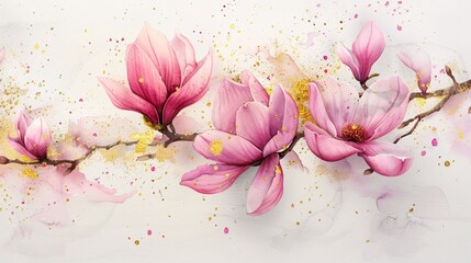 Watercolor magnolia with gold foil and glitter on a white palette, wet ink style, space for text.