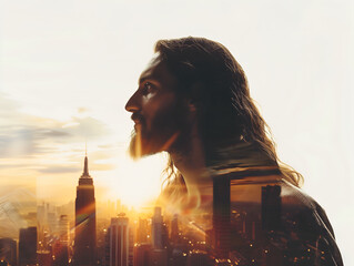 Double exposure image of Jesus Christ and skyscrapers