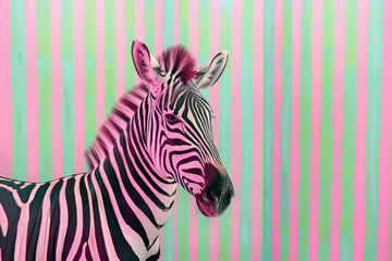 Pink zebra on a pink and green striped background.