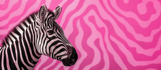 Portrait of a zebra in profile on a pink whimsical background. Creative illustration for design.