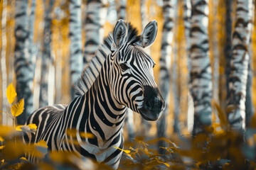 Zebra in the birch forest in autumn. Animal portrait.