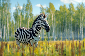 Zebra standing in a field with tall grass and birch trees in the distant background.