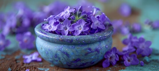 Lavender flowers in mortar on table  natural cosmetic ingredient with space for text