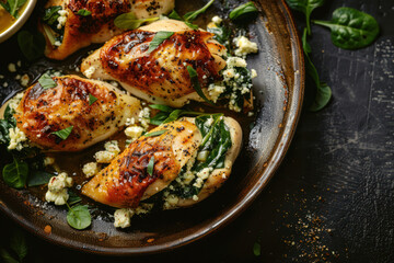 Plate of Chicken With Spinach and Feta Cheese