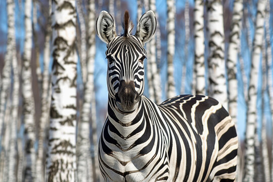 Zebra in the birch grove in the early spring.