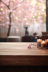 Fototapeta na wymiar Wooden table spa bokeh background, empty wood desk product display mockup with relaxing wellness massage salon blurry abstract backdrop, body care cosmetic ads presentation. Mock up, copy space .