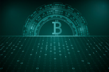 bitcoin crypto currency digital technology on circuit board .blue dark background. money global market exchange in future. Finance token online Systems. vector illustration abstract futuristic