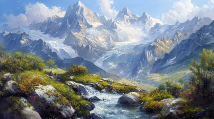 Fototapeta na wymiar A painting depicting a mountain stream flowing through the majestic Alps, with Mont Blanc towering in the background.
