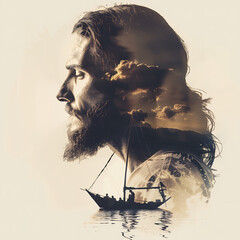 Double exposure image of Jesus Christ and ocean. Calming storm concept.