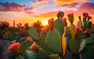 Beautiful landscape of prickly pear cactus at sunset, showcasing nature's essence - obrazy, fototapety, plakaty