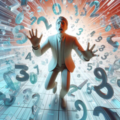 scared businessman surrounded by numbers - obrazy, fototapety, plakaty
