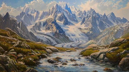 A painting depicting a mountain stream flowing through the majestic Alps, with Mont Blanc towering in the background. - obrazy, fototapety, plakaty