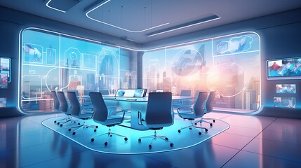 A high-tech conference room filled with professionals brainstorming innovative ideas.