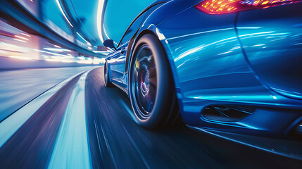 Rear view of blue Business car on high speed in turn. Blue car rushing along a high-speed highway. Generative Ai