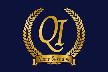 Initial letter Q and I, QI monogram logo design with laurel wreath. Luxury golden calligraphy font. - 769555646