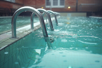 A metal rail aid installed in a swimming pool. Assistance equipment to help you get up and down the...