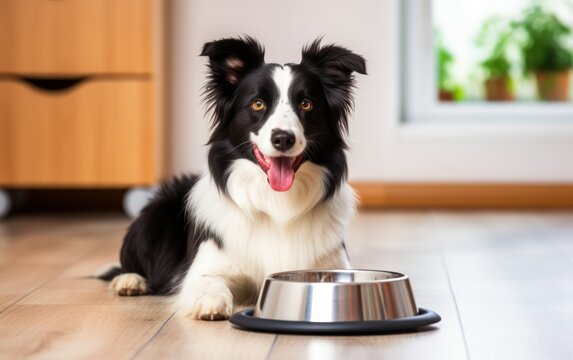 Border Collie sitting next to a bowl full of nutritious dog food