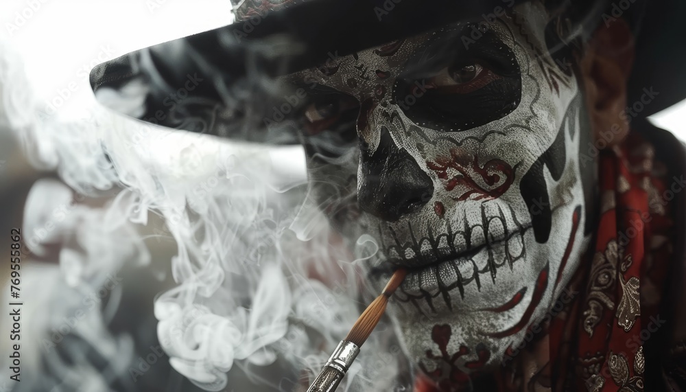 Poster day of the dead skeleton face painting background with ample space for text placement