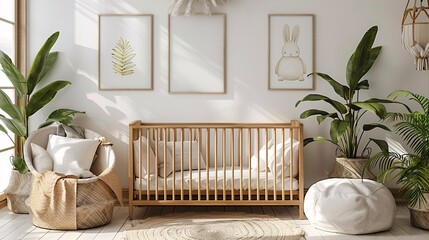 blank posters over baby crib on white wall, soft neutral palette, minimalist style, hyper-realistic and detailed - obrazy, fototapety, plakaty