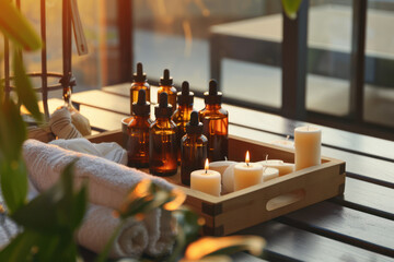 Cosmetic oil for massage and spa ritual with towels, candles and flowers in a wooden tray. Spa beauty room. - obrazy, fototapety, plakaty