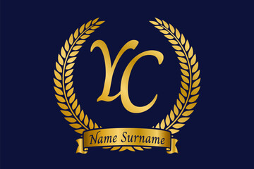 Initial letter Y and C, YC monogram logo design with laurel wreath. Luxury golden calligraphy font. - 769556048