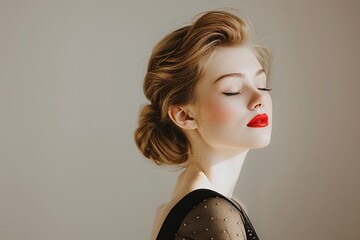 portrait of a woman with hair, Elegant woman with classic hairstyle and red lipstick. Vintage glamour and beauty concept for design and print with copy space. Studio portrait with a grey background © Luna Scarlet