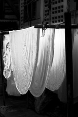 Hanging.  Three sheets hang in semicircles from three clothes lines in an alleyway in Bangkok.  In black and white.