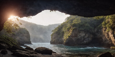 Big cave near a river in a jungle