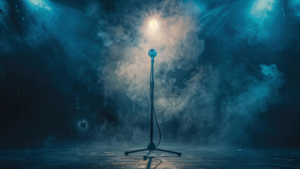Contemporary Performance Stage: Singer Spotlighted in Modern Setting with Dark Background and Smoke - obrazy, fototapety, plakaty