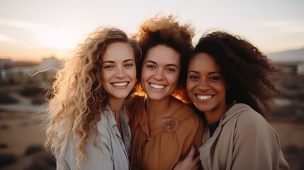 Friends outdoors, diverse looks, sunset backdrop, candid, wide lens for warmth - obrazy, fototapety, plakaty