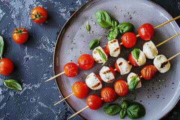 Plate of Mozzarella and Cherry Tomato Skewers - 769557032