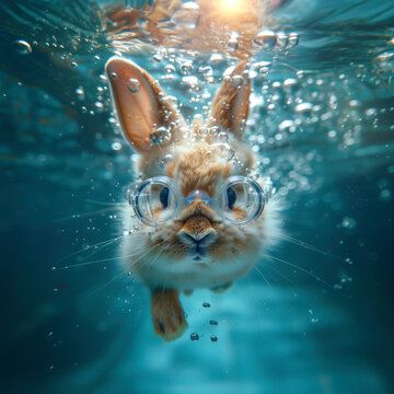 Easter bunny diving into the pool wearing swimming goggles, depth of field, air bubbles, underwater shot