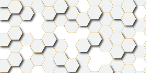 Abstract hexagon background Futuristic concept honeycomb mosaic white and golden background. Surface polygon pattern with glowing hexagon paper texture and futuristic business graphic design.